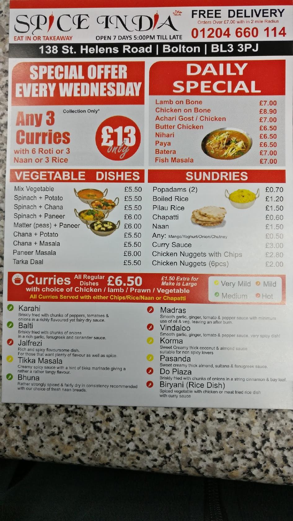 Carta del restaurante Spice India, Bolton, 138 St Helens Rd