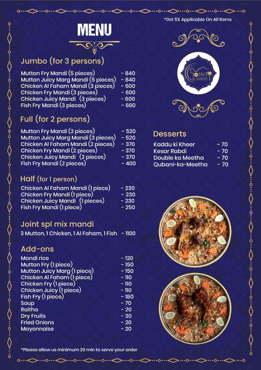 Menu at THE JOINT AL- MANDI, Secunderabad