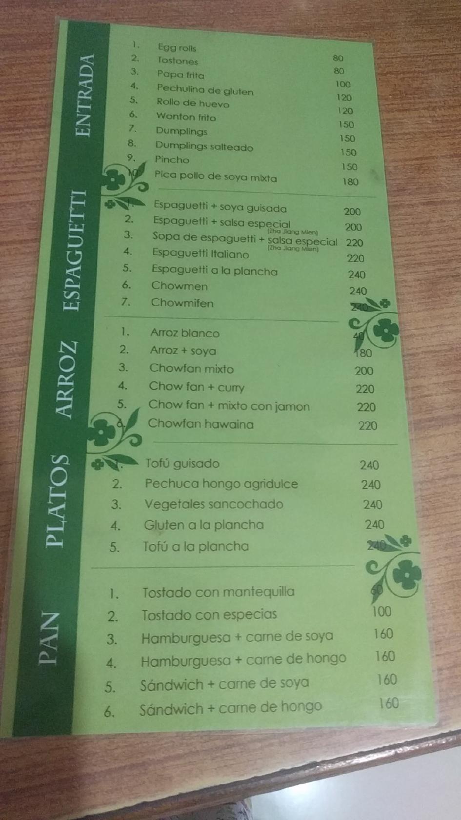 Carta del restaurante Buffet Vegetariano Santo Domingo Av Rómulo