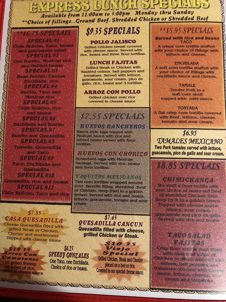 Menu at Casa Jalisco restaurant, Fort Madison