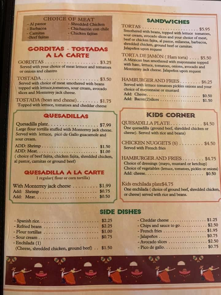 Menu at Taqueria Los Huaraches restaurant, Lockhart, Pancho St