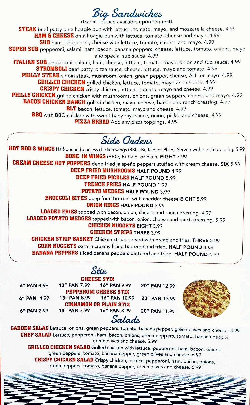 Menu at Hot Rod's Pizza in Allen pizzeria, Allen City, KY1428