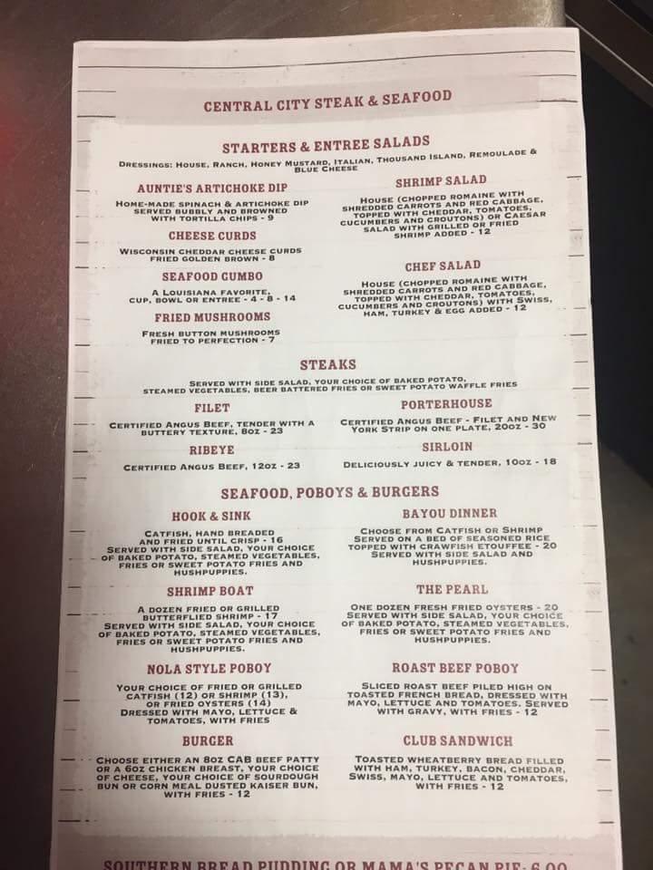 Menu at Central City Steak And Seafood steakhouse, Baton Rouge