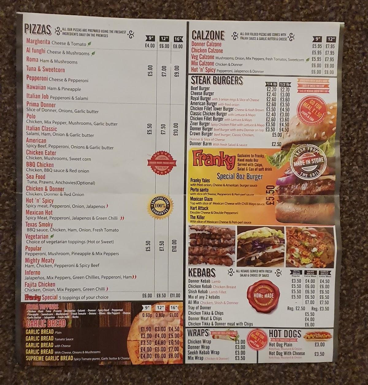 Menu at Franky Pizza & Kebab House pizzeria, Bolton, 499 Tonge Moor Rd