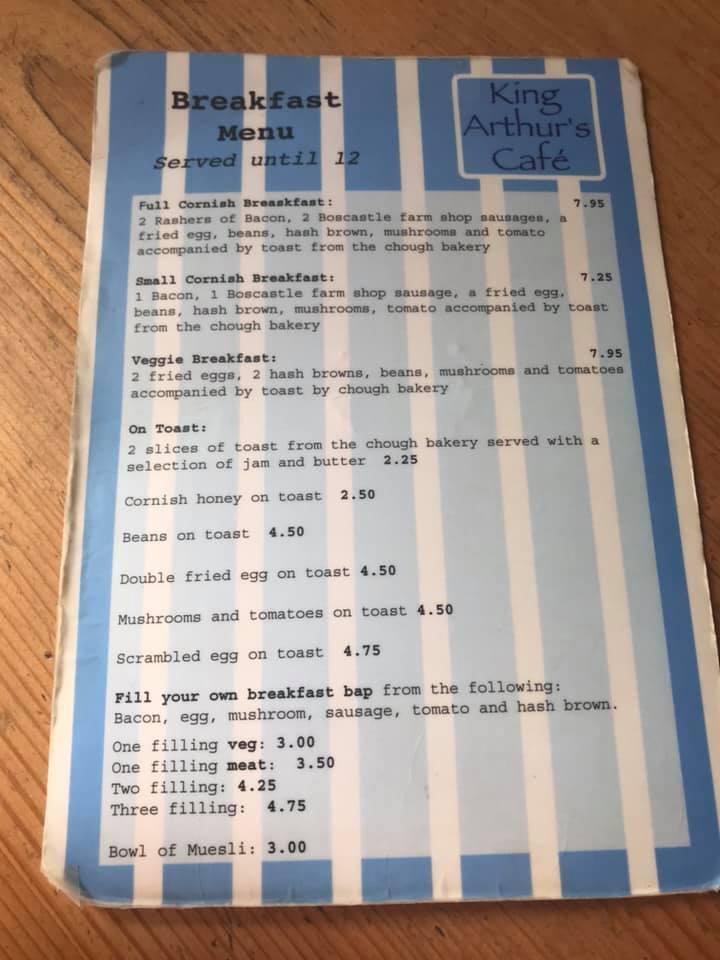 Menu at King Arthur's Cafe, Tintagel