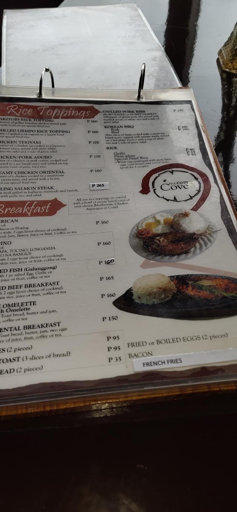 Menu at The Cozy Cove restaurant, Baguio