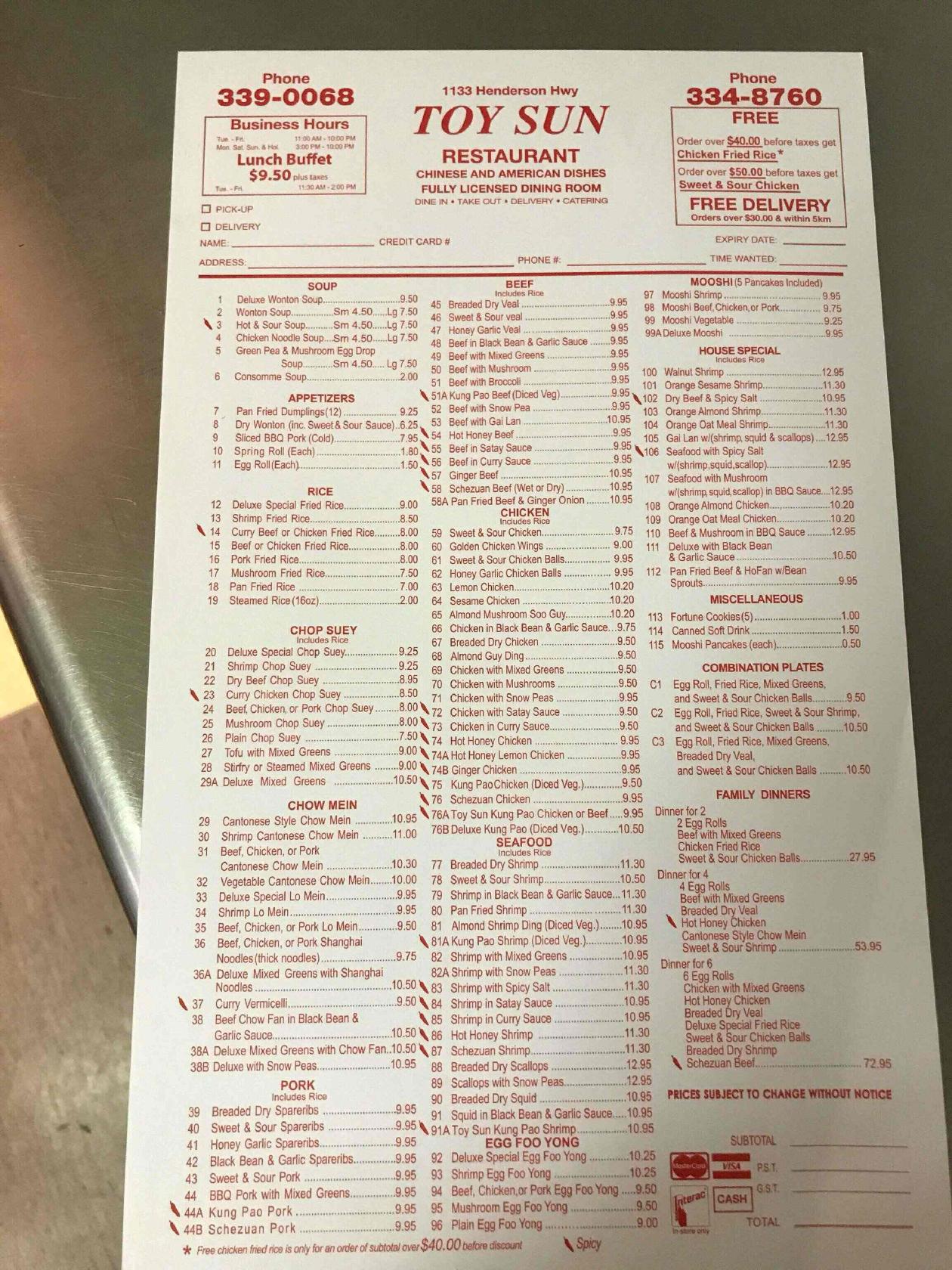 Menu at Toy Sun Restaurant, Winnipeg