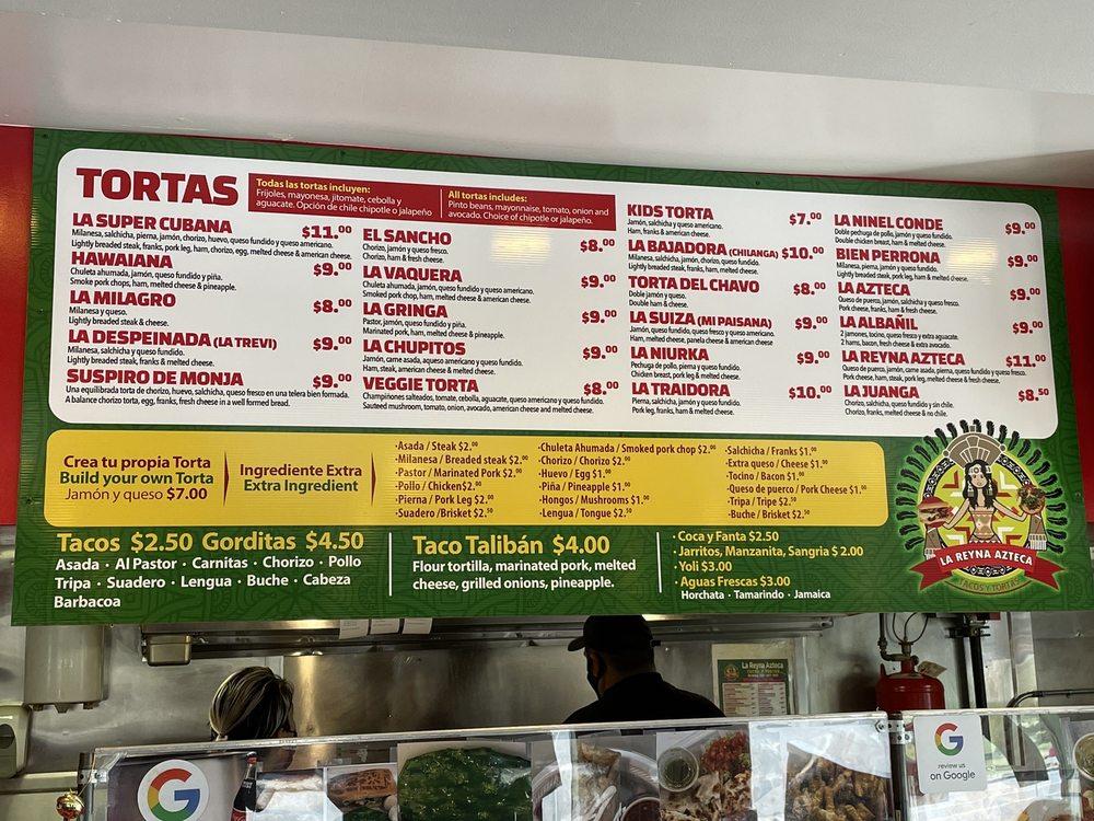 Menu at La Reyna Azteca restaurant, Denver