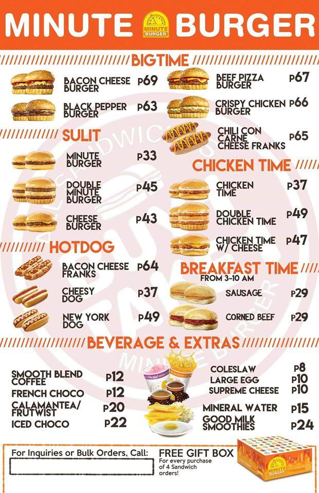 Menu at Minute Burger restaurant, Cebu City, 80 Francisco Llamas St