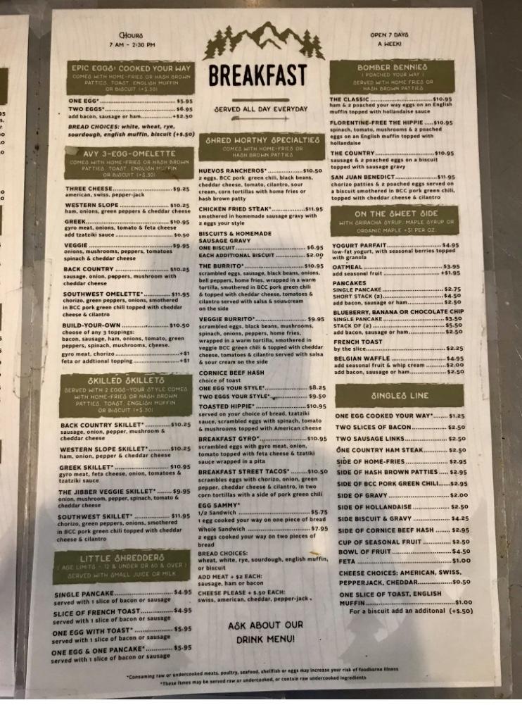 Menu at Back Country Cafe, Gunnison