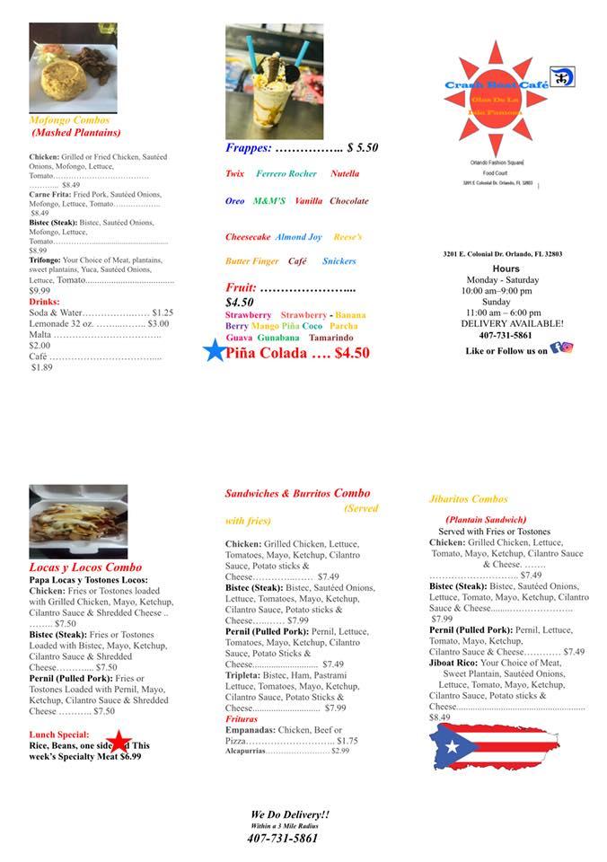 Menu at Crash boat Café restaurant, Orlando