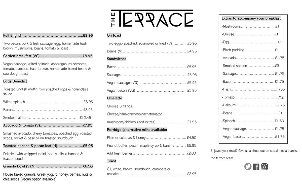 Menu at The Terrace cafe, Lymm