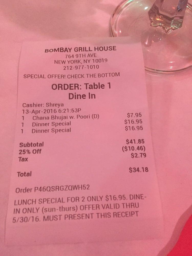Menu at Bombay Grill House restaurant, West New York, 764 9th Ave