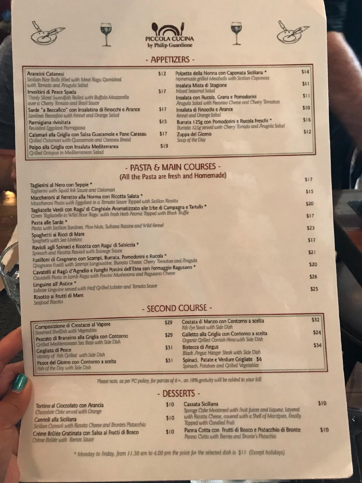Carta del restaurante Piccola Cucina Osteria Siciliana, Nueva York, 196