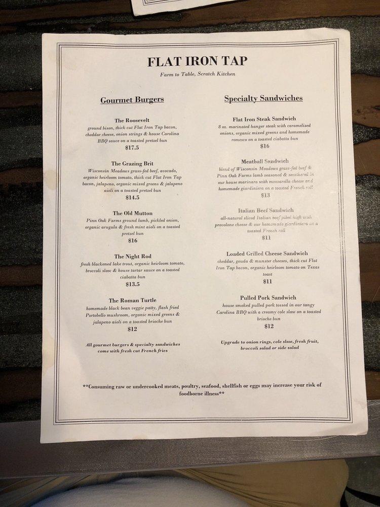 Menu at Flat Iron Tap pub & bar, Lake Geneva