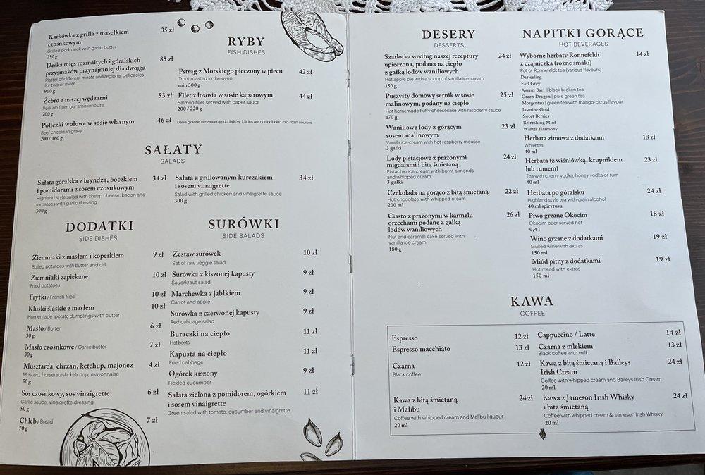 Menu at Morskie Oko restaurant, Kraków