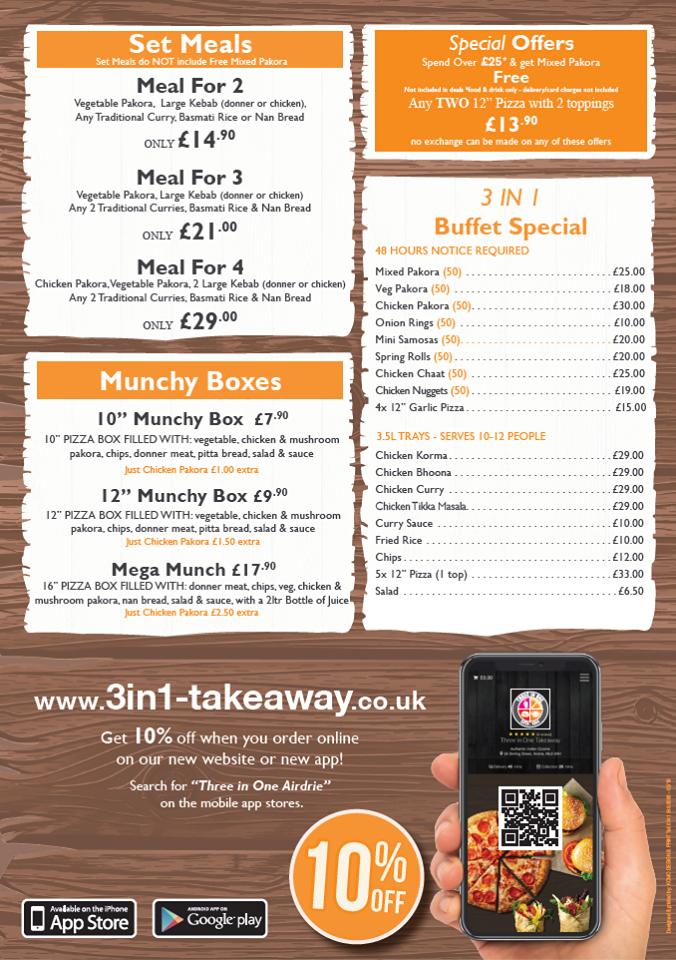 Menu at Three In One Takeaway Airdrie pizzeria, Airdrie