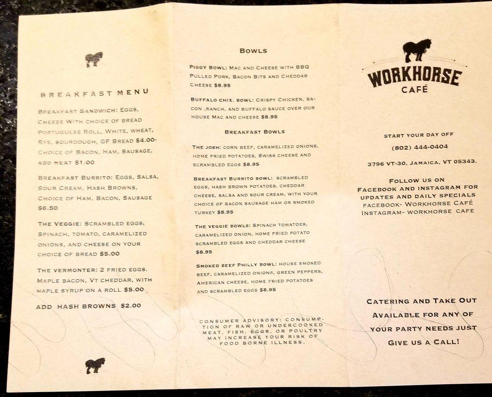 Menu at Workhorse Cafe, Winhall, 59 VT30