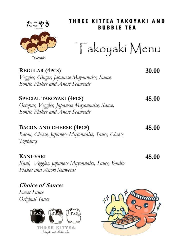 Menu at Three Kittea Takoyaki and Bubble Tea restaurant, Biñan