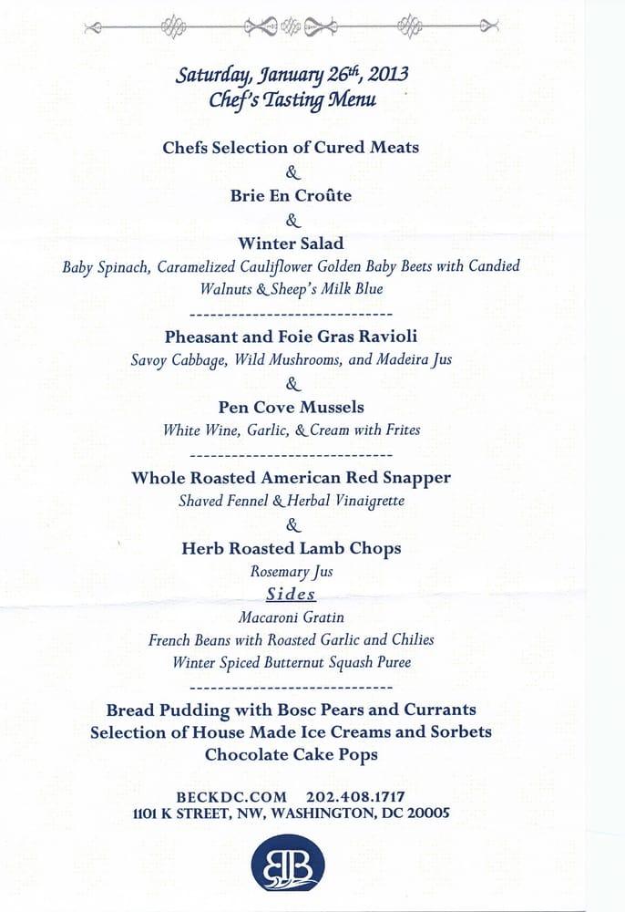 Menu at Brasserie Beck restaurant, Washington