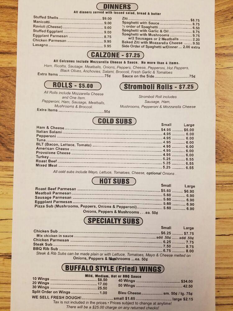 Menu at Joe & Vinny's Pizzeria, Sherburne