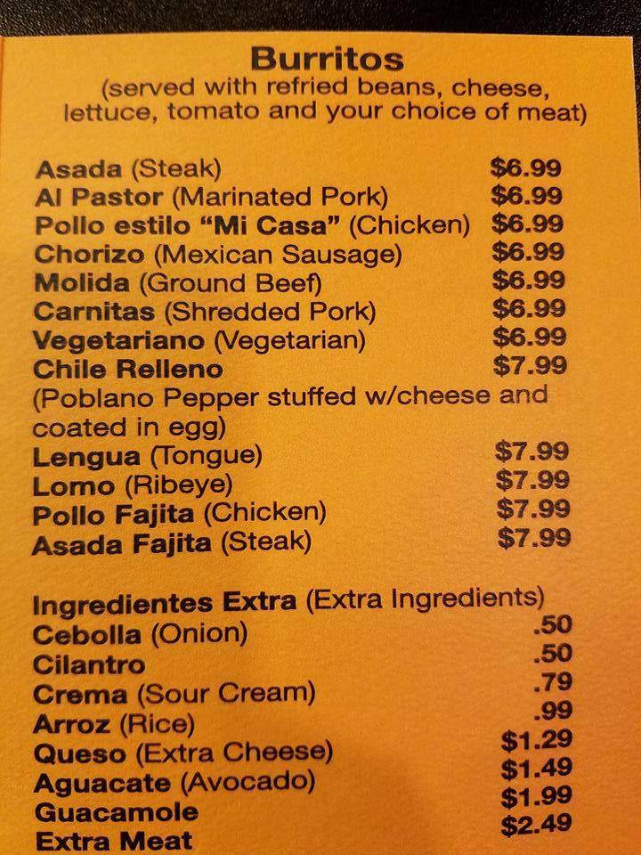 Menu at Mi Casa Restaurant, Wheaton