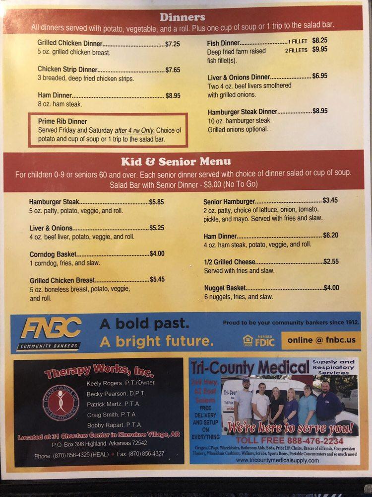 Menu at Carol's Lakeview Restaurant, Cherokee Village, 200 Iroquois Dr