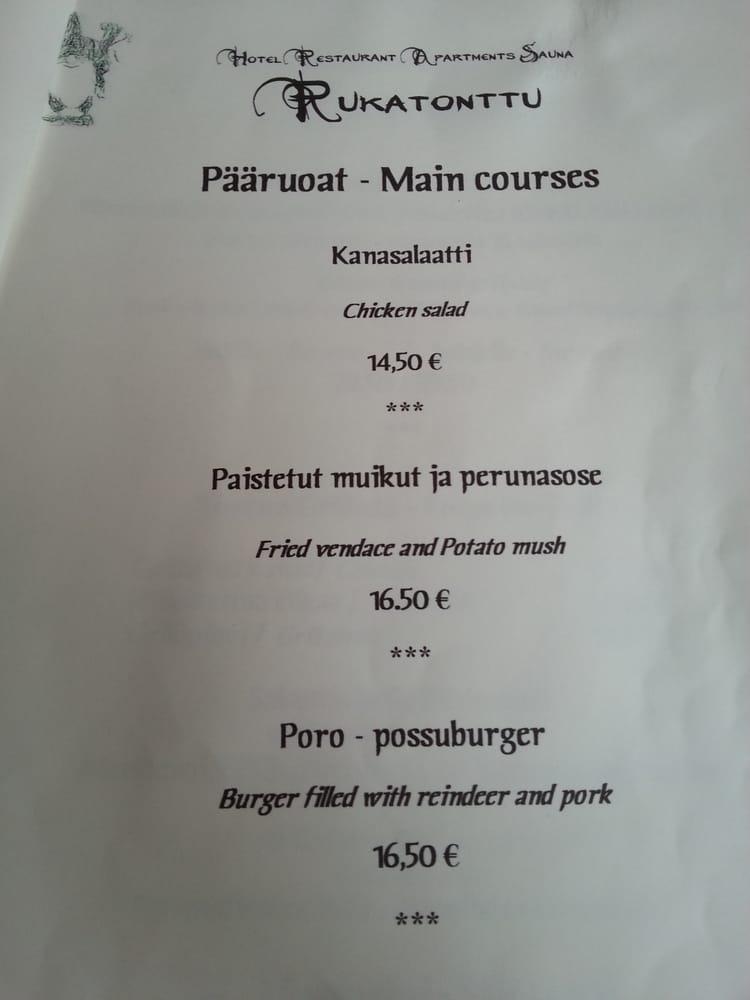 Menu at RukaTonttu restaurant, Kuusamo