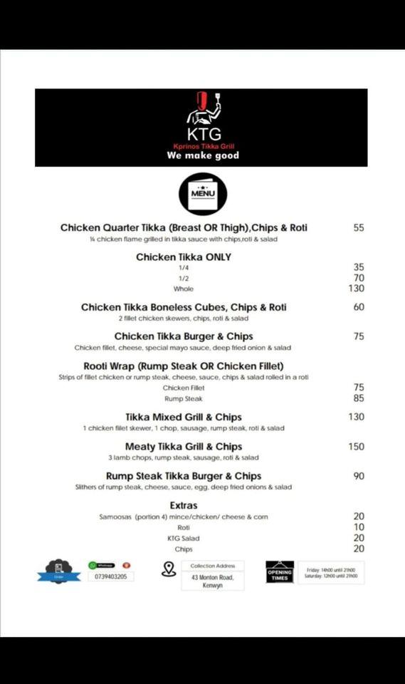 Menu at KTG Grill House restaurant, Cape Town