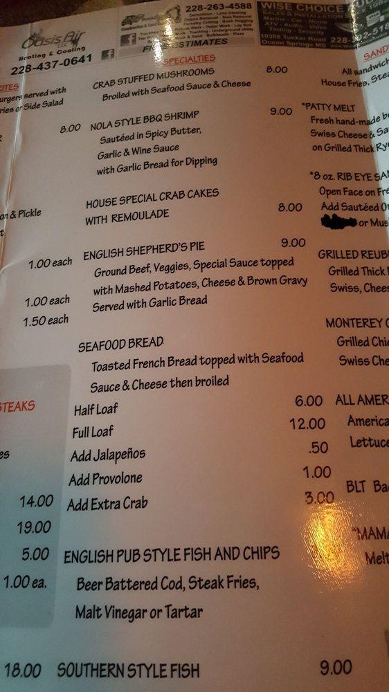 Menu at Castaways pub & bar, Ocean Springs, 2114 Bienville Blvd