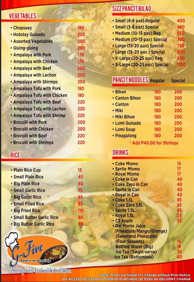 Menu at G-Five Pancit at Sizzling restaurant, Marikina, 838 J. P. Rizal St