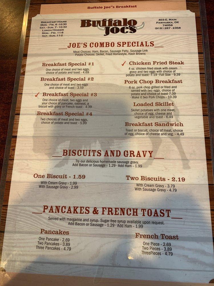 Menu at Buffalo Joe's Drive In restaurant, Pawhuska