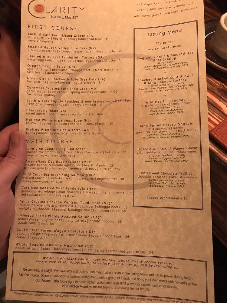 Menu at Clarity pub & bar, Vienna
