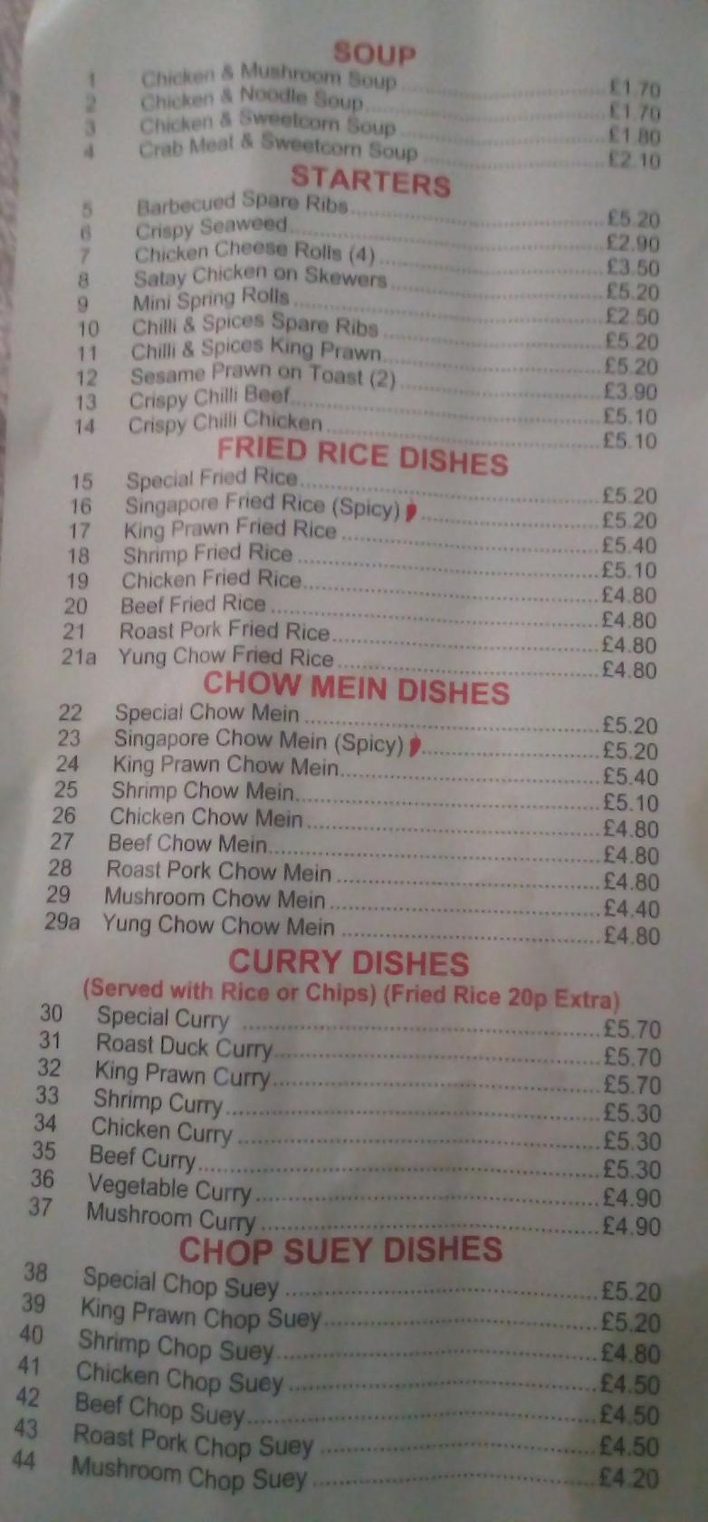 Menu at Red Sun Cantonese Take Away fast food, Llansamlet