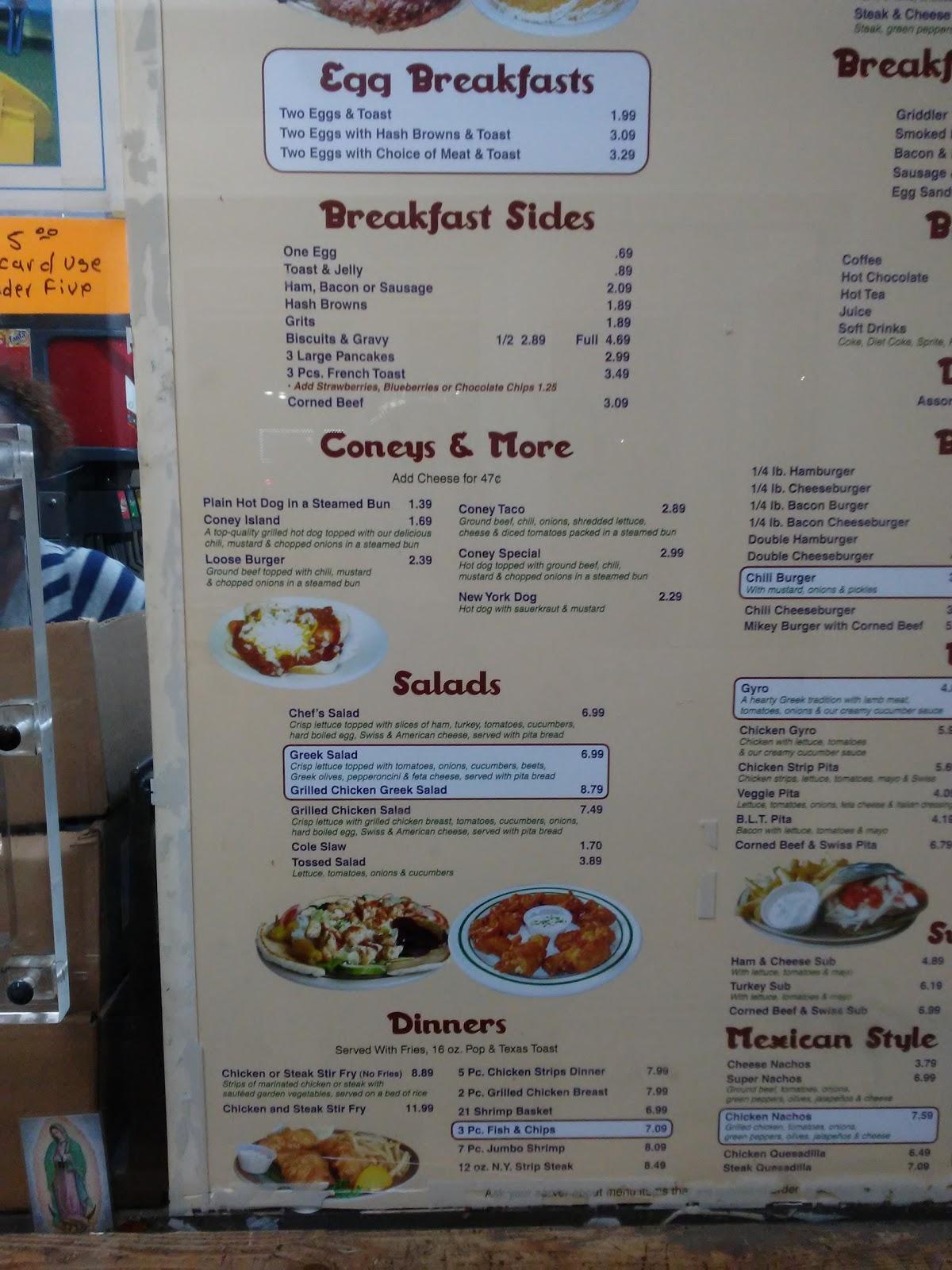 Menu at Super Coney Island restaurant, Detroit, Wyoming Ave