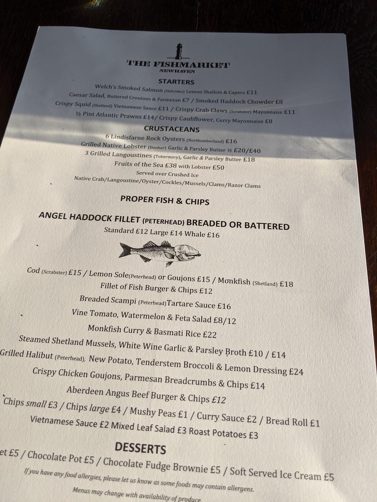 Menu at The Fishmarket restaurant, Edinburgh, 23A Pier Pl