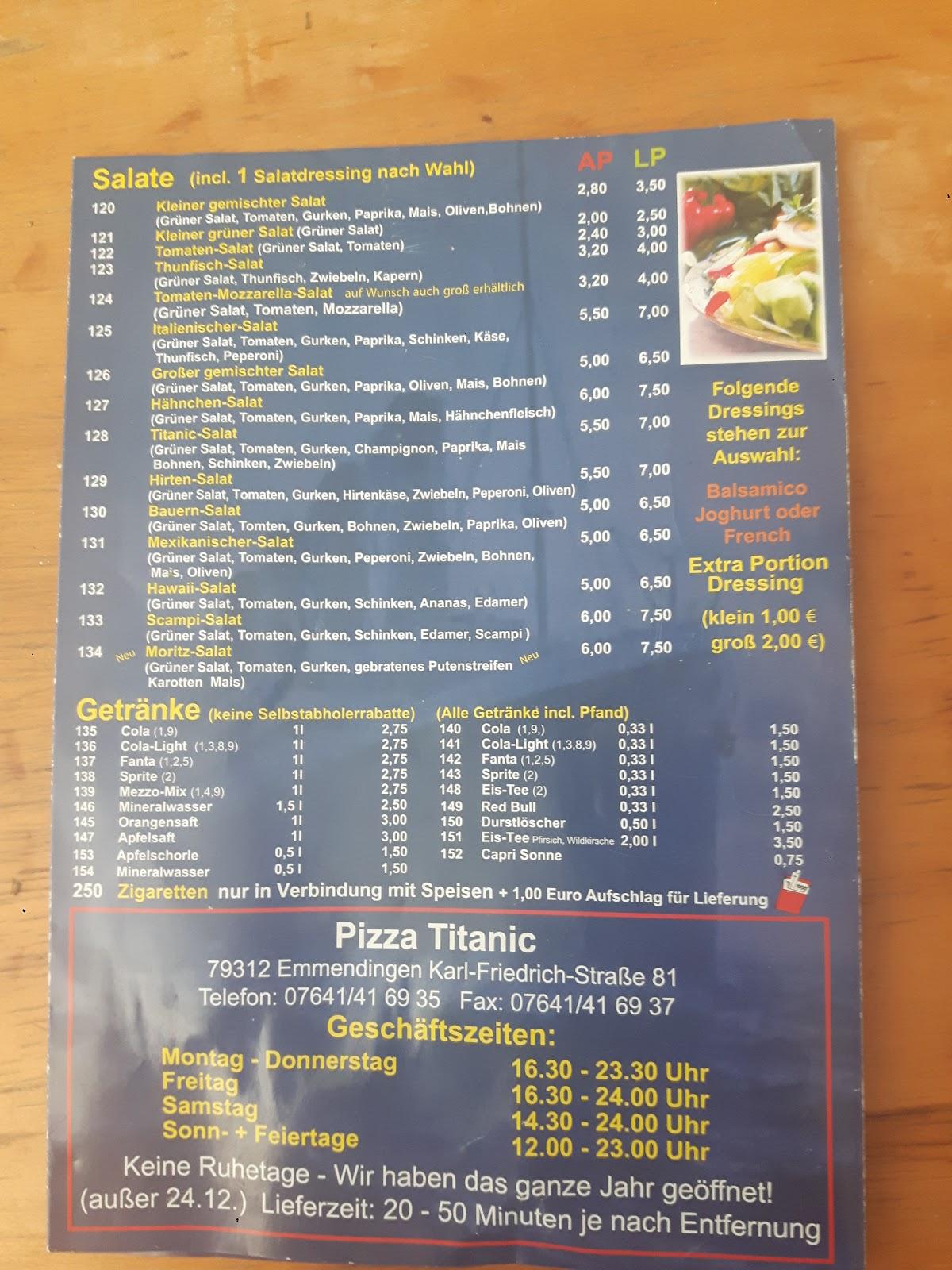 Speisekarte von Pizza Titanic, Emmendingen