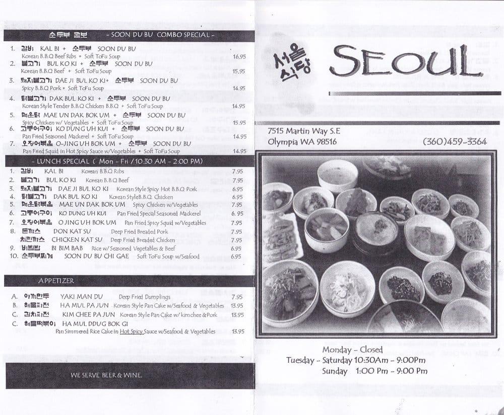 Menu at Seoul Garden Olympia restaurant, Olympia