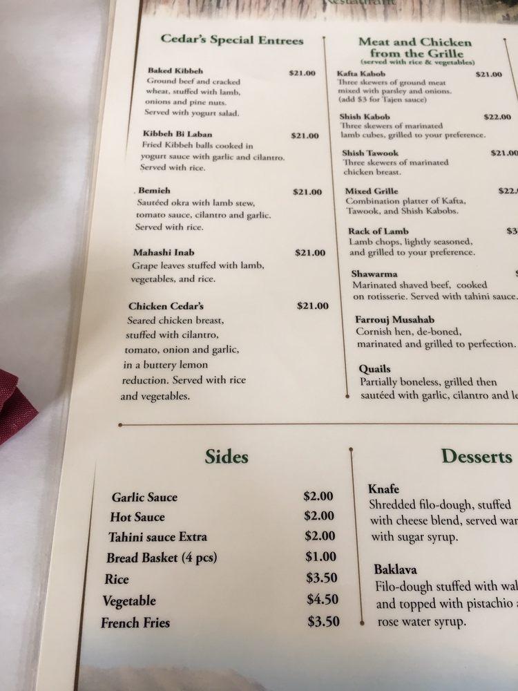 Menu at Cedars Restaurant, Orlando, W Sand Lake Rd
