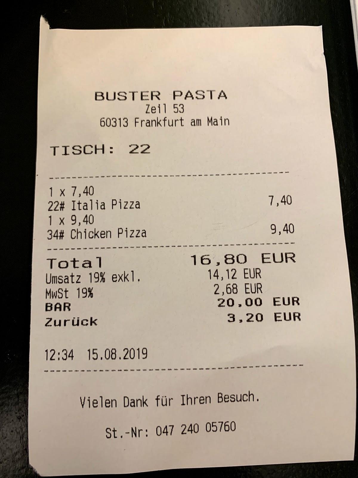 Speisekarte von Buster Pasta restaurant, Frankfurt am Main