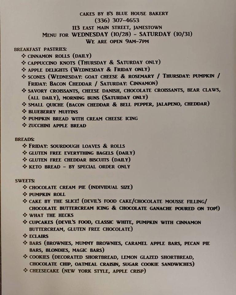 Menu at Cakes by B's Blue House Bakery, Jamestown