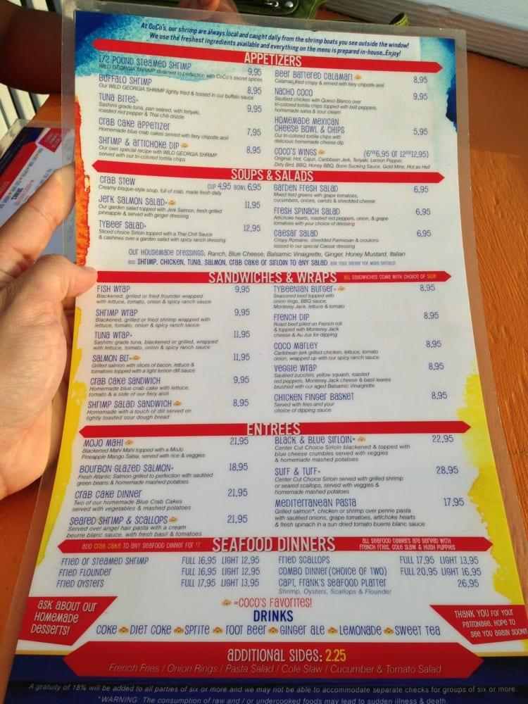 Menu at CoCo's Sunset Grille pub & bar, Tybee Island