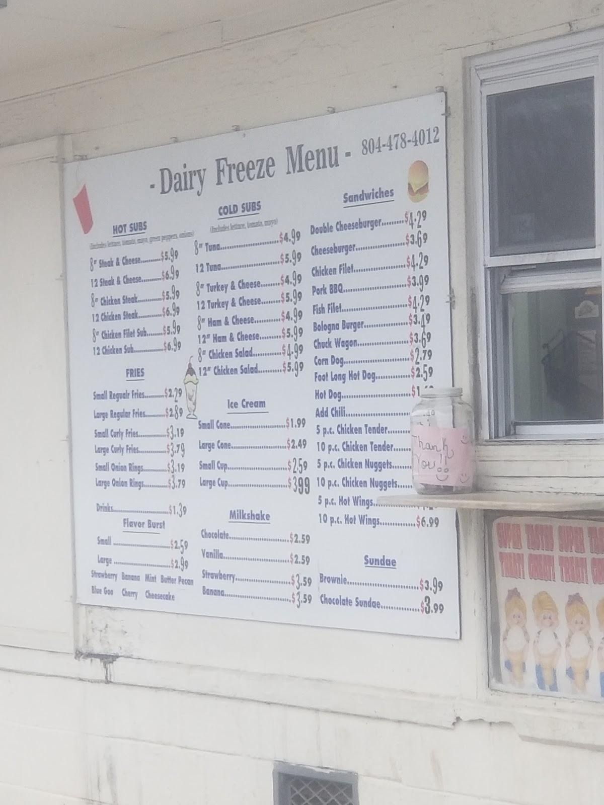 Carta del restaurante Dairy Freeze, McKenney
