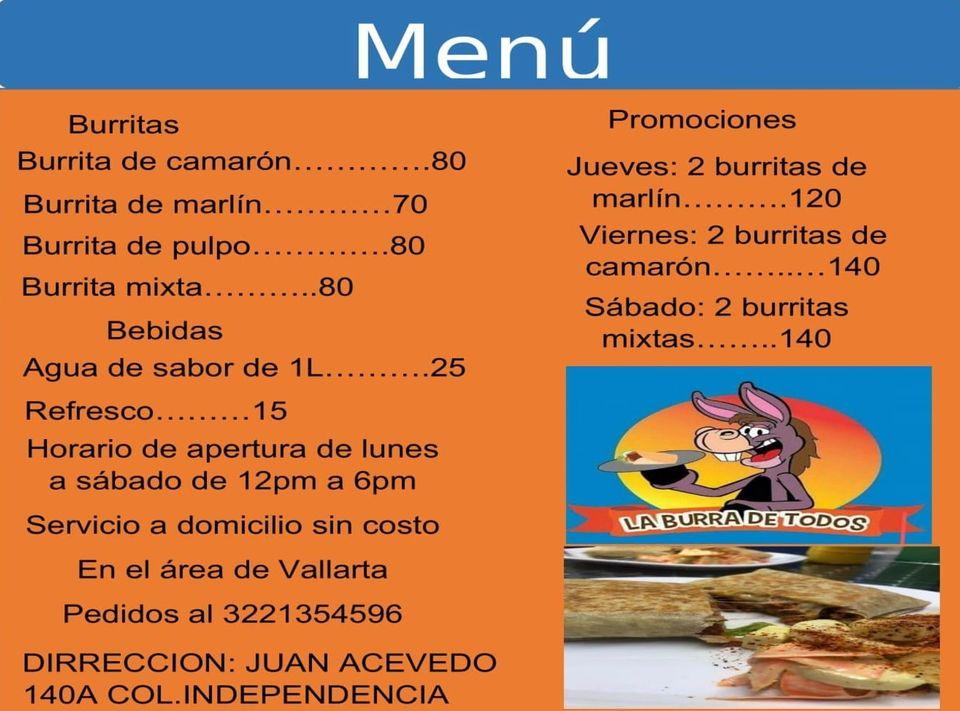 Menu at La Burra de Todos restaurant, Puerto Vallarta