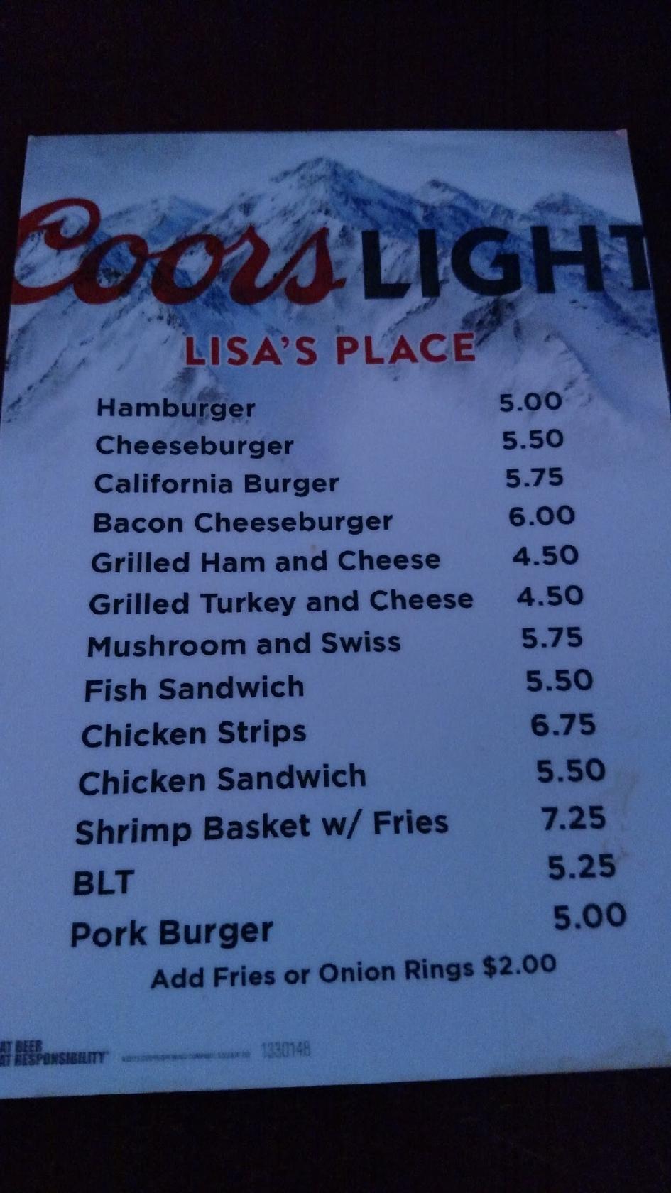 Menu at Lisa's Place Carver MN pub & bar, Carver