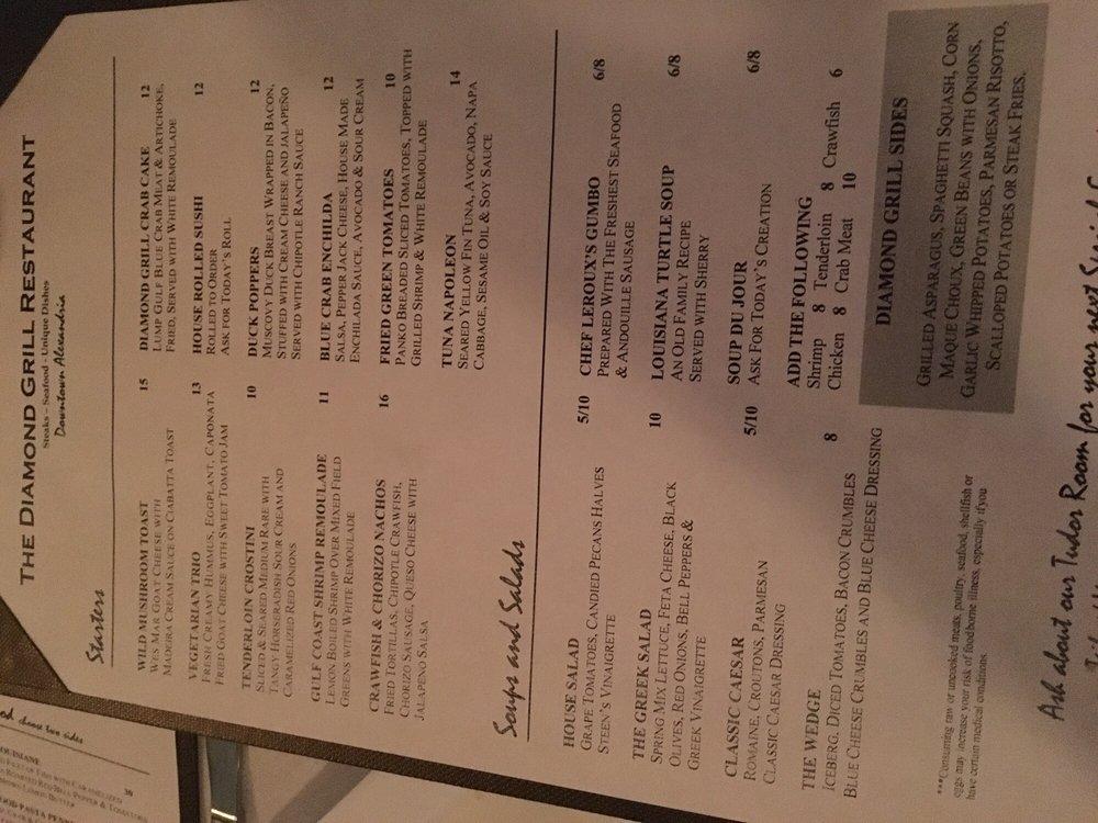 Menu at Diamond Grill steakhouse, Alexandria