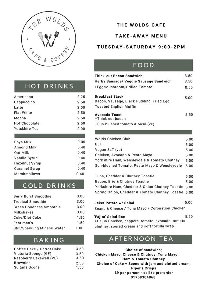 Menu at The Wolds Café cafe, Pocklington