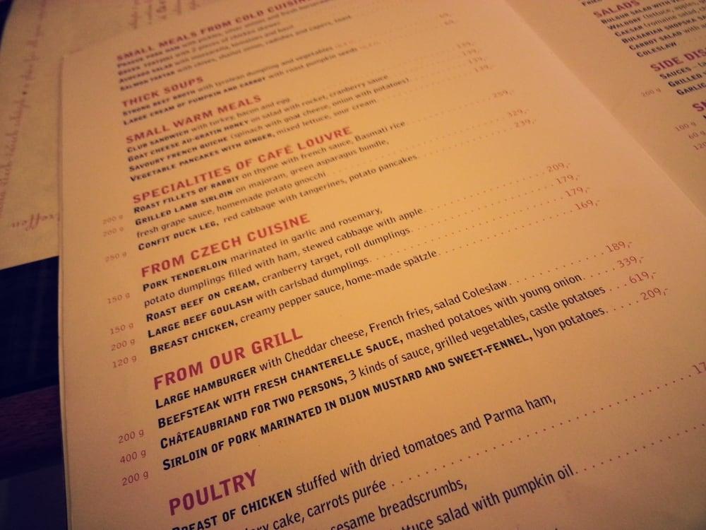 Menu at Café Louvre cafe, Prague, Národní 22