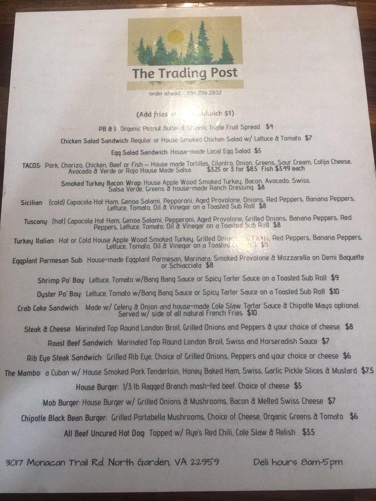 Menu at Trading Post, North Garden, Monacan Trail Rd