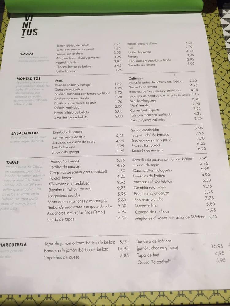 Menu at Vinitus pub & bar, Barcelona, C/ del Consell de Cent